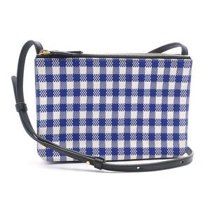 Celine Trio Leather Canvas Shoulder Bag Navy Blue White Black Gingham Check